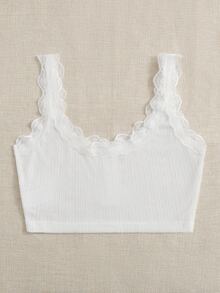 SHEIN Áo hai dây Tương phản ren màu trơn Giải trí - trắng - Xem 2