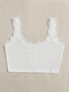 SHEIN Áo hai dây Tương phản ren màu trơn Giải trí - trắng - Xem 5