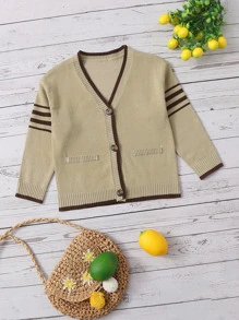 SHEIN Toddler Girls Drop Shoulder Striped Pattern Patch Pocket Cardigan - Khaki - View 1