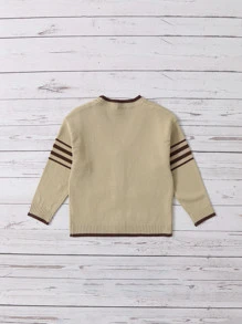 SHEIN Toddler Girls Drop Shoulder Striped Pattern Patch Pocket Cardigan - Khaki - View 2