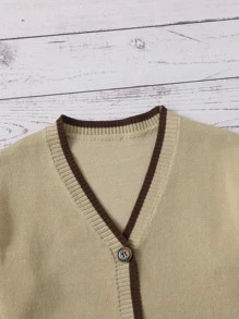 SHEIN Toddler Girls Drop Shoulder Striped Pattern Patch Pocket Cardigan - Khaki - View 3