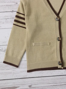 SHEIN Toddler Girls Drop Shoulder Striped Pattern Patch Pocket Cardigan - Khaki - View 4