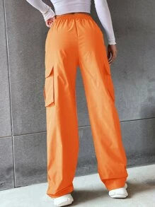 SHEIN Unity Solid High Waist Flap Pocket Cargo Trousers - Orange - View 2