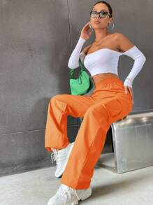 SHEIN Unity Solid High Waist Flap Pocket Cargo Trousers - Orange - View 3