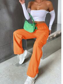SHEIN Unity Solid High Waist Flap Pocket Cargo Trousers - Orange - View 4