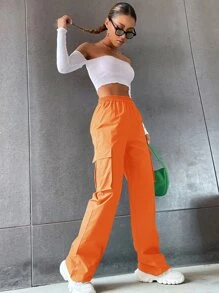 SHEIN Unity Solid High Waist Flap Pocket Cargo Trousers - Orange - View 7