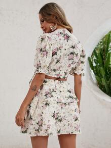 Floral Print Wrap Blouse & Layered Hem Skirt - Beige - View 2