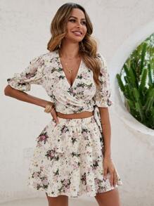 Floral Print Wrap Blouse & Layered Hem Skirt - Beige - View 3
