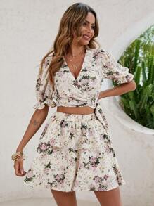 Floral Print Wrap Blouse & Layered Hem Skirt - Beige - View 4