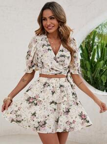 Floral Print Wrap Blouse & Layered Hem Skirt - Beige - View 6