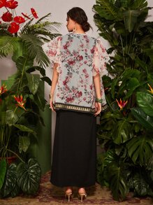 Al Najma Floral Butterfly Sleeve Open Front Abaya - Multicolor - View 2