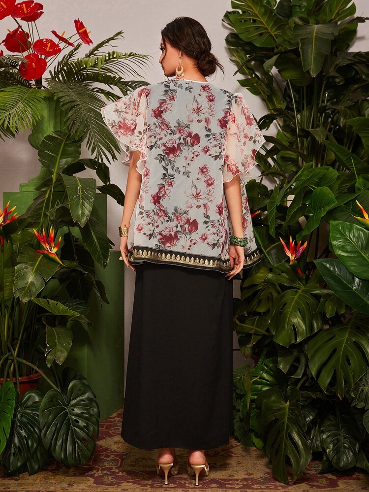 Al Najma Floral Butterfly Sleeve Open Front Abaya - Multicolor - View 2