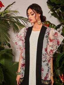 Al Najma Floral Butterfly Sleeve Open Front Abaya - Multicolor - View 3