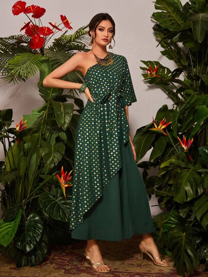 Divindia Geo Gilding Belted Asymmetrical Neck Dress