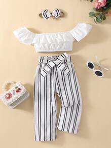 嬰兒荷葉邊短款上衣和條紋圖案腰帶長褲 - 白色 - 查看 1