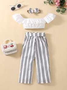 嬰兒荷葉邊短款上衣和條紋圖案腰帶長褲 - 白色 - 查看 2