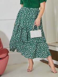 SHEIN 大碼小碎花多層下擺半身裙 - 綠色 - 查看 3