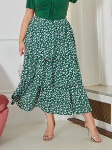 SHEIN 大碼小碎花多層下擺半身裙 - 綠色 - 查看 4