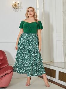 SHEIN 大碼小碎花多層下擺半身裙 - 綠色 - 查看 5