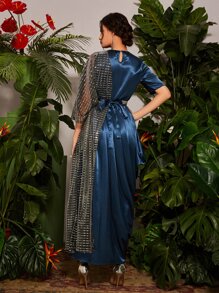 Divindia Contrast Rhinestone Mesh Panel Tie Back Ethnic Dress - Multicolor - View 2