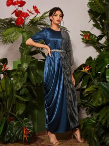 Divindia Contrast Rhinestone Mesh Panel Tie Back Ethnic Dress - Multicolor - View 3