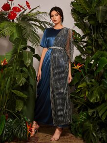 Divindia Contrast Rhinestone Mesh Panel Tie Back Ethnic Dress - Multicolor - View 4