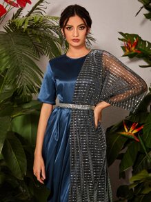 Divindia Contrast Rhinestone Mesh Panel Tie Back Ethnic Dress - Multicolor - View 5