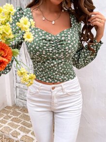 SHEIN VCAY 小碎花褶邊雞心領口燈籠袖短款襯衫 - 綠色 - 查看 3