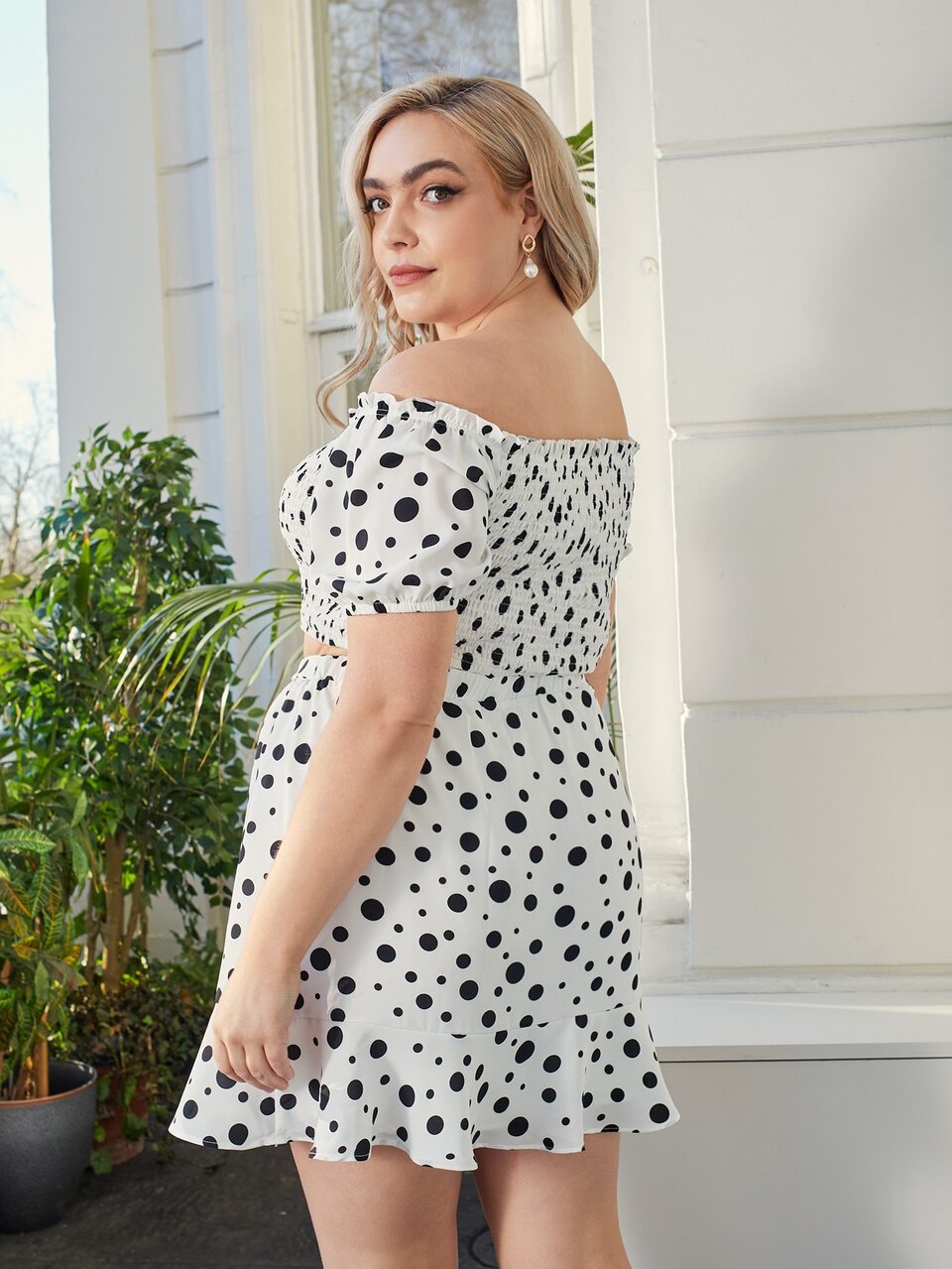 Plus Off Shoulder Shirred Polka Dot Top & Self Belted Skirt