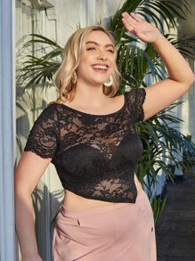 SHEIN Plus Asymmetrical Shoulder Sheer Lace Crop Top - Black - View 3