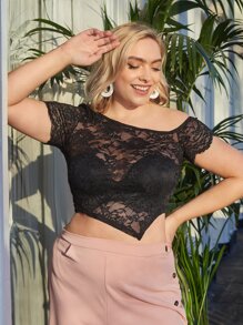 SHEIN Plus Asymmetrical Shoulder Sheer Lace Crop Top - Black - View 4