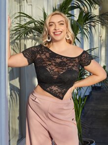 SHEIN Plus Asymmetrical Shoulder Sheer Lace Crop Top - Black - View 5