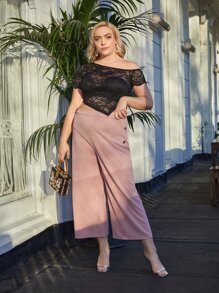 SHEIN Plus Asymmetrical Shoulder Sheer Lace Crop Top - Black - View 6