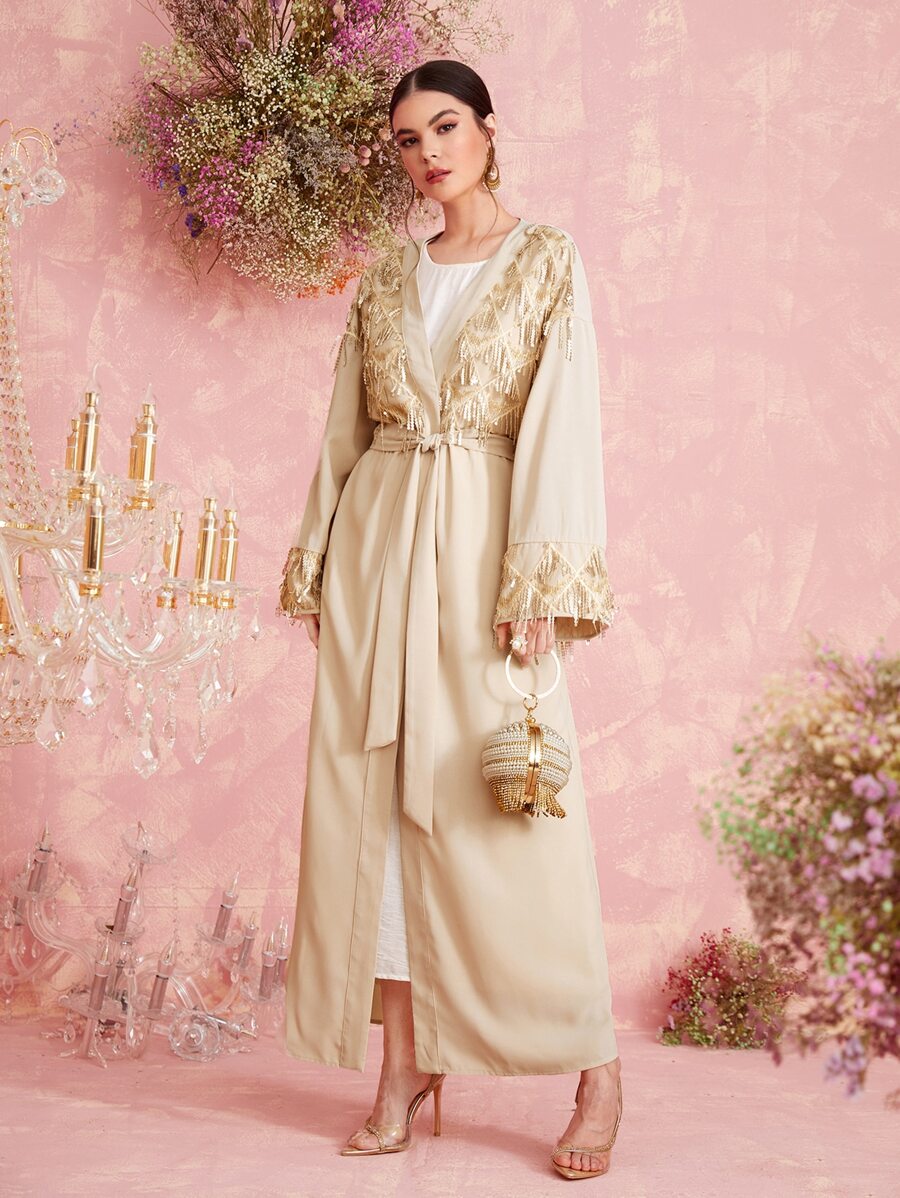 Al Najma Abaya à paillettes à franges ceinturé - Champagne - Voir 1