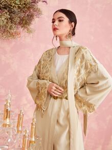 Al Najma Abaya à paillettes à franges ceinturé - Champagne - Voir 3
