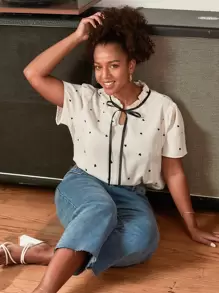 Elaquor Plus Heart Print Ruffle Trim Tie Neck Summer Boho Blouse/Valentine's Day - Beige - View 1