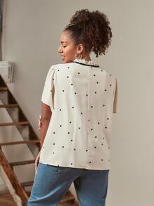 Elaquor Plus Heart Print Ruffle Trim Tie Neck Summer Boho Blouse/Valentine's Day - Beige - View 2