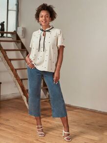 Elaquor Plus Heart Print Ruffle Trim Tie Neck Summer Boho Blouse/Valentine's Day - Beige - View 4