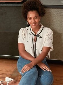 Elaquor Plus Heart Print Ruffle Trim Tie Neck Summer Boho Blouse/Valentine's Day - Beige - View 5