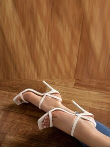 Thin Strap Stiletto Heeled Slingback Sandals - White - View 3