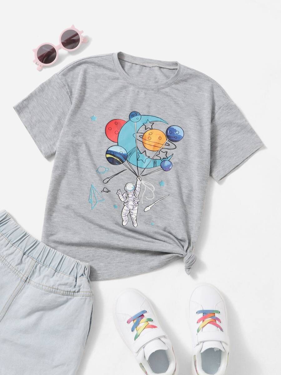 SHEIN Girls Astronaut Print Tee - Light Grey - View 1