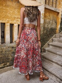 Breezaya 波西米亞流蘇佩斯利花紋女士半身裙 - 彩色 - 查看 2