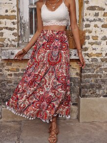 Breezaya 波西米亞流蘇佩斯利花紋女士半身裙 - 彩色 - 查看 5