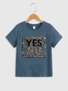 SHEIN Boys Letter Change Colour Sequin Tee - Dusty Blue - View 4
