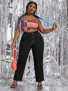 Quần Denim kích thước lớn Nút màu trơn - màu đen - Xem 1