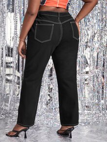 Quần Denim kích thước lớn Nút màu trơn - màu đen - Xem 2