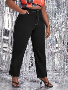 Quần Denim kích thước lớn Nút màu trơn - màu đen - Xem 3