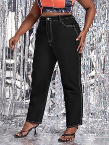 Quần Denim kích thước lớn Nút màu trơn - màu đen - Xem 4