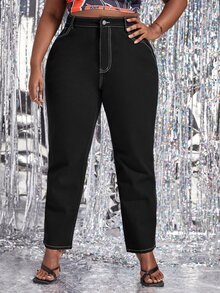 Quần Denim kích thước lớn Nút màu trơn - màu đen - Xem 5