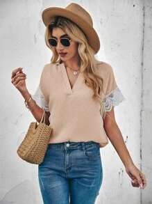 Contrast Guipure Lace Batwing Sleeve Blouse - Apricot - View 1